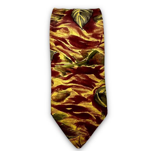 St Michael 100% Silk Tie Abstract Leaf Print Fall Colors Gold Burgundy UK Made - Picture 1 of 6
